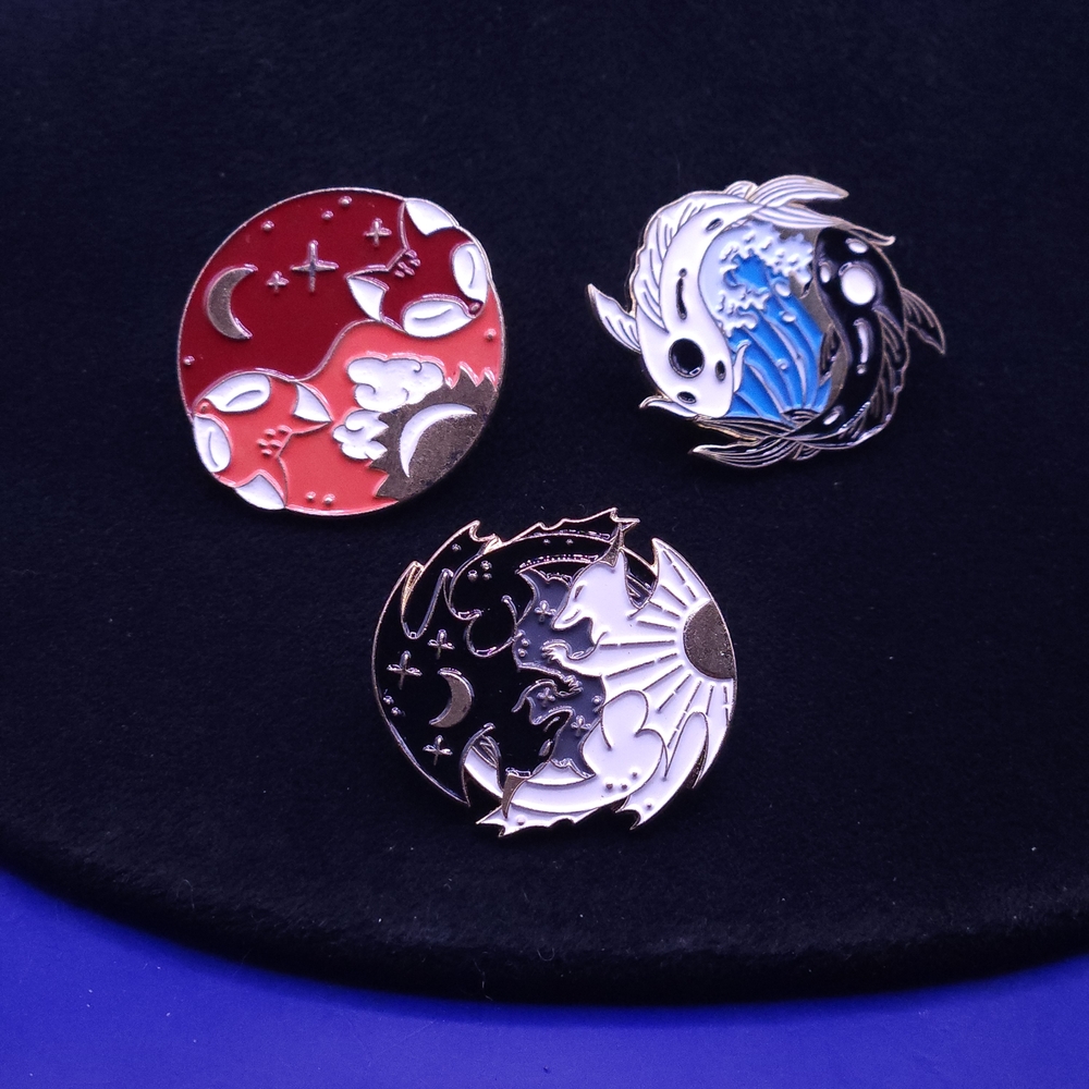 Enamel Pin Trio - Red Fox, Blue Koi, Black & White Moon